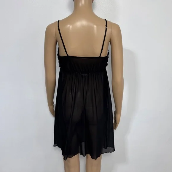 Vintage Y2K La Vie En Rose Rosette & Black Mesh Sheer Babydoll Teddy Size M - Picture 6 of 9